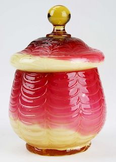 late 19th c triple cased pattern molded peachblow glass covered jar with amber foot & finial, dia 4”, ht 5 3/4”, chips under
