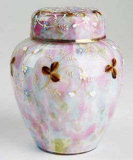 late 19th c cased spatterglass covered rose jar with fine enamel decoration, dia 4.5”, ht 5.5”, undamaged