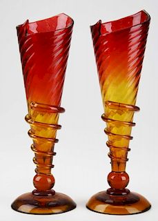 late 19th c pr of amberina footed vases with fire polished cut tops & applied serpent-like threaded decoration, polished pont