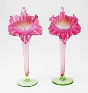 pr of late 19th cased glass c blown glass “jack in the pulpit” vases, rough pontils, ht 11.5”, both undamaged