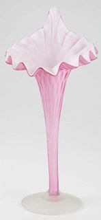 late 19th c cased glass jack in the pulpit vase with satin glass etched design, rough pontil, ht 12”, undamaged