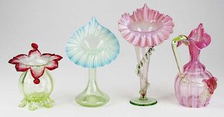 four late 19th c blown glass jack in the pulpit vases & ewer pitcher, 3 with open pontils, hts 5.5” to 9.5”, two with slight