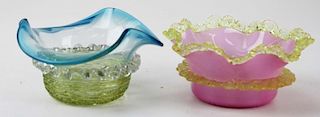two late 19th c ruffled edge blown glass bowls with applied rigaree decorations, dia 5”, ht 2.5”, both undamaged