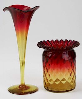 two late 19th c amberina blown glass vases, one pattern molded, both with polished pontils, hts 4.25”, 7 3/4”, both undamaged