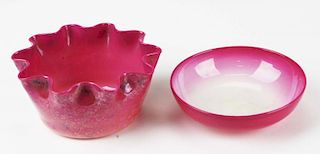 two late 19th c peachblow glass ruffled edge vase & bowl, both with polished pontils, dias 4.5”, 5”, both undamaged