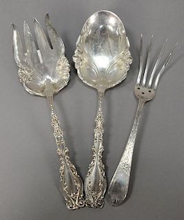 Three sterling silver serving pieces including a Tiffany & Co. lettuce fork. 7.8 toz.