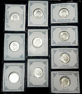 Ten silver George Washington commemorative silver half dollars, unc.