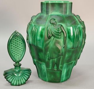 Two malachite green glass pieces including a Greek Revival vase (ht. 9 1/2") and a large perfume bottle (ht. 6 1/2").