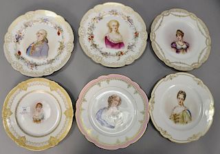 Six porcelain portrait plates including Sevres Chateau de Versailles "Duchesse de Bourgogne" signed Debrie, Sevres Chateau de Triano...