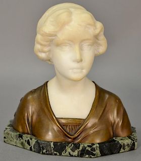 Schumacher bronze and alabaster bust of a woman on marble base. ht. 7 1/2".