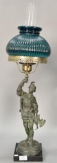 Victorian figural Hunter oil table lamp with green case shade. total ht. 29"