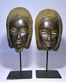 Pair of Rare Bronze Face Masks, Baule Tribe