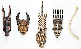 Estate Lot of 4 African Masks and 1 Inuit Carved Antler