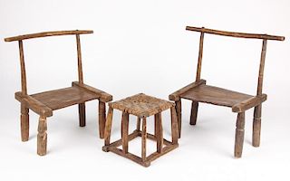 Group of 2 Old West African Chairs and Stool