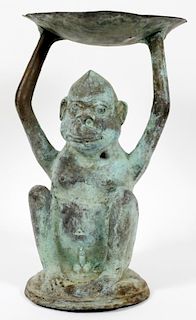 GREEN PATINA COPPER BABOON FIGURAL COMPOTE