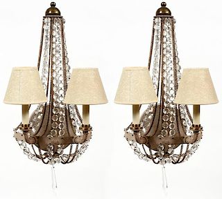 TWO-LIGHT PATINATED METAL AND CRYSTAL SCONCES PAIR