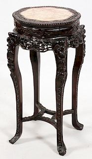 CHINESE CARVED TEAKWOOD AND MARBLE TOP PEDESTAL