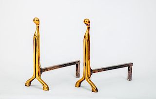 Brass and Glass Firescreen and a Pair of Sculptural Brass Andirons