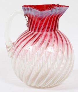 CRANBERRY OPALESCENT SWIRL GLASS PITCHER C. 1900