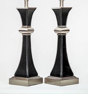 Pair of Modern Stitched Leather-Clad and Brushed Metal Lamps
