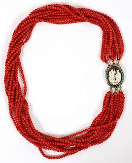 ITALIAN RED CORAL BEAD NECKLACE W/ CARVED CAMEO