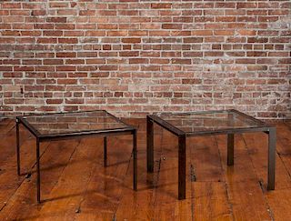 Pair of Patinated Metal and Glass Low End Tables