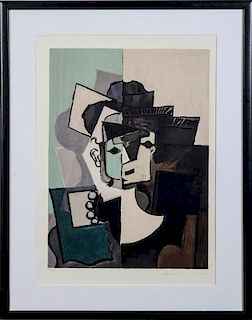 After Pablo Picasso (1881-1973): Portrait de Face Sur Fond Rose et Vert