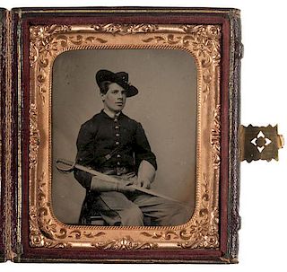 Sixth Plate Tintype of a Union Staff Officer Displaying Sword 
