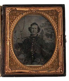 Sixth Plate Ambrotype of Confederate Soldier, With Gabled House Backdrop Noted in Many North Carolina Images 