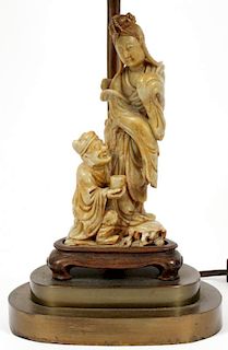 CHINESE SOAPSTONE FIGURE GROUP MOUNTED AS A LAMP