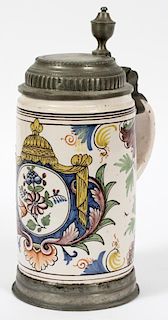 FRENCH FAIENCE POTTERY & PEWTER STEIN C. 1800