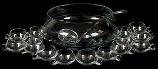 CONTEMPORARY GLASS PUNCHBOWL CUPS & LADLE 17 PIECES