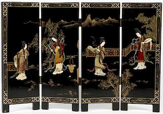 CHINESE BLACK LACQUER & HARDSTONE TABLE SCREEN
