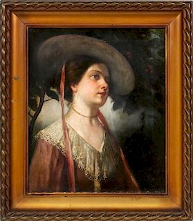 L.E. ENNIO, OIL ON CANVAS, GIRL WITH LACE DRESS AND WIDE RIMED HAT, C. 1880-1910, H 17 1/2", W 14 1/2"