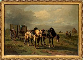 OIL ON CANVAS LAID ON BOARD HORSES W/ WAGON