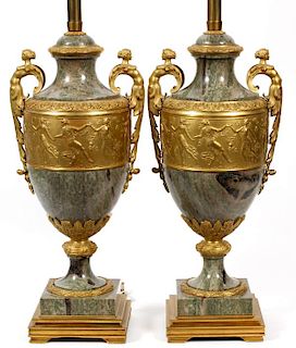 FRENCH EMPIRE CARVED MARBLE AND BRONZE TABLE LAMPS