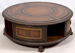 MAITLAND-SMITH LEATHER TOP AND MAHOGANY COFFEE TABLE, H 20", DIA 54"