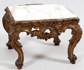 ITALIAN CARVED WALNUT TABLE W/ MARBLE TOP