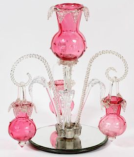 HAND BLOWN CRANBERRY TO CLEAR GLASS EPERGNE C. 1870