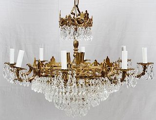 BRASS AND CRYSTAL CHANDELIER