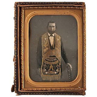 Half Plate Daguerreotype of an Odd Fellows Member Wearing a Gold-Tinted Apron 