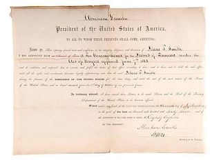 Abraham Lincoln Appointment Signed as President for Delano T. Smith, Tax Commissioner for the District of Tennessee, September 1863 