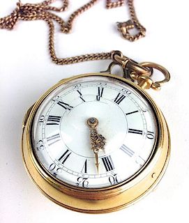 ca. 1758 London 22kyellow gold pair case key wind pocket watch by John Flagondale signed "D. A." Original hands, roman numerals and arabic minutes. Be