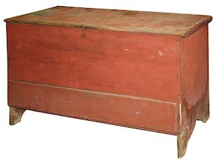 18th c original red paint pine 1 drawer lift top blanket chest on boot jack ends. 42"w x 31ﾽ"h x 17"d.