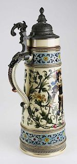 ca 1900 German beer stein with hand painted couple, 3 ﾽ liter, the letter G or monogram CT, or GT at base of handle, #'d 585 on base, ht 17.5ﾔ, un