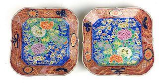 Pair of Chinese Qing Dynasty porcelain enamel square plates decorated with flowers, butterflies, and birds 9.5" x 9.5"