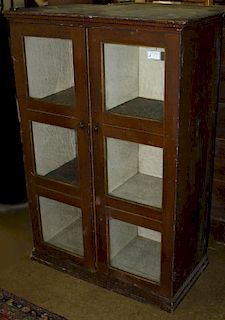 19th c grain painted pie cupboard with two doors with glass panes, molded base. 36ﾽ"w x 57"h x 18ﾽ"d.