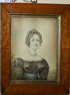 19th c American school watercolor of woman with elaborate coif and off the shoulder dress circa 1830 in early maple frame with old boards 7 x 6"