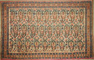 early 20th c Persian bag face with three rows of nine boteh, 2' x 3' 3ﾔ