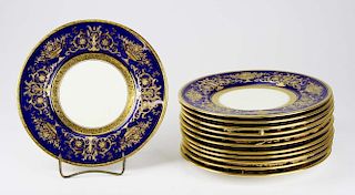 set of 12 Minton for Tiffany & Co.  Embossed and raised gilt enamel cobalt band  luncheon plates dia. 9"